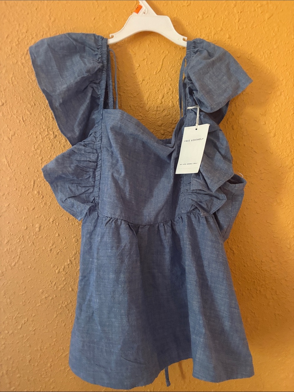 Textured Blue Ruffle Sleeve Tunic Top